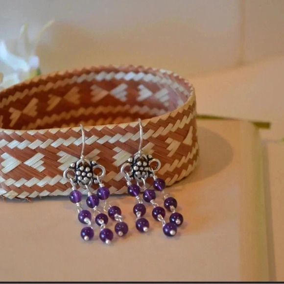 Amethyst Dangle Earrings, Sterling and Bali Silver, Natural Amethyst Gemstones - Picture 2 of 4